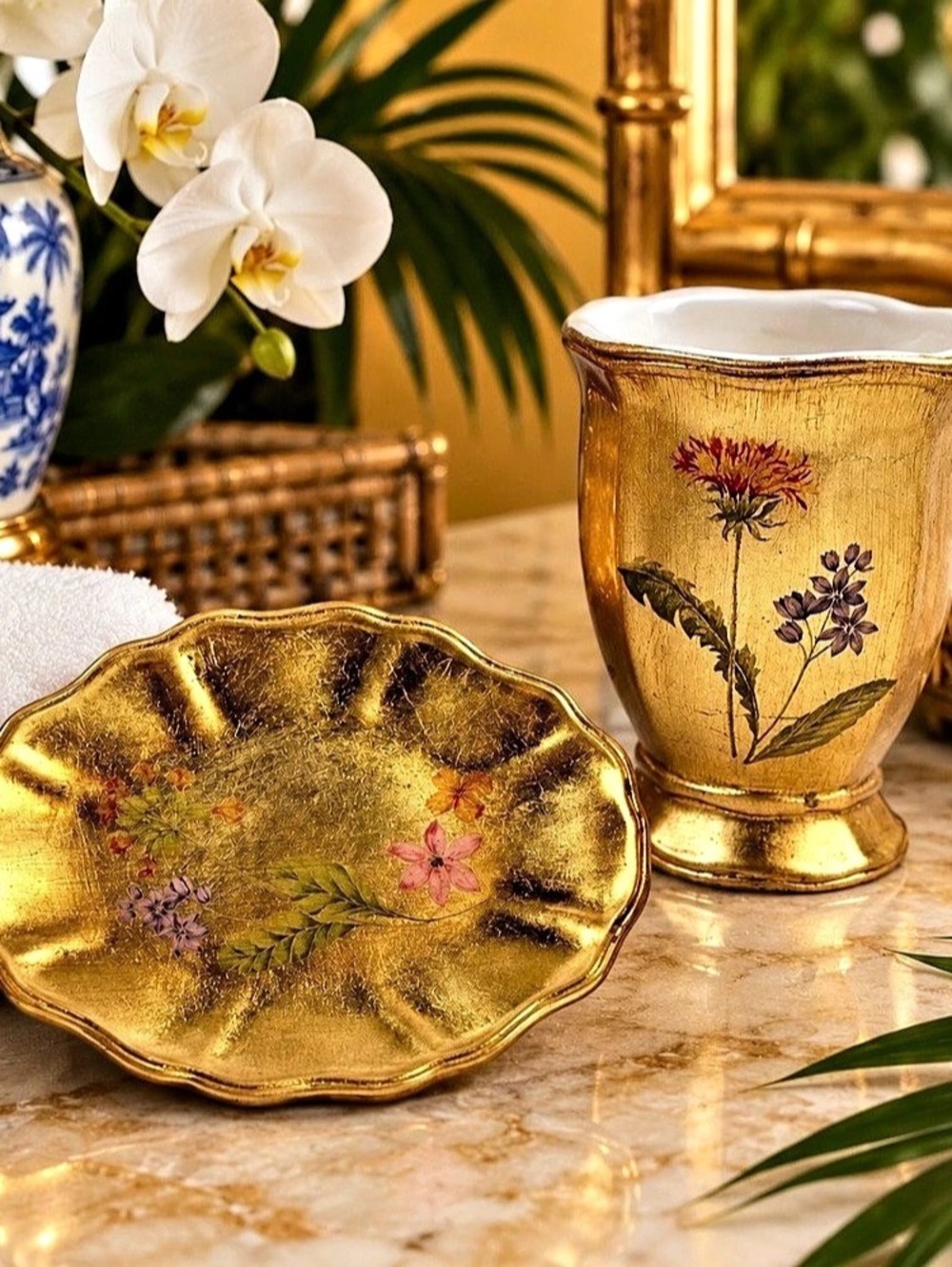 Vintage Croscill Gold Gilt Floral Soap Dish Toothbrush Holder Set